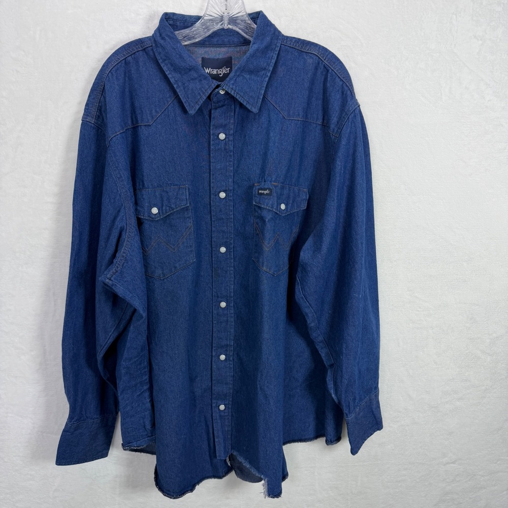 Wrangler Mens 3XL Distressed Blue Denim Western Pearl Snap Button Shirt *SEE